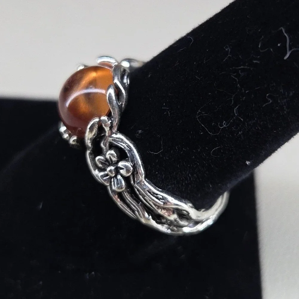Boho Silver Tone Amber Cabochon Flower Branch Textured Statement Ring Size 10.25